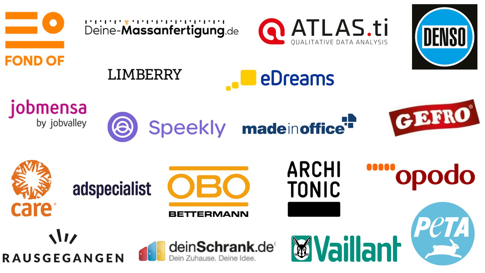 Kundenlogos: u.a. PETA, rausgegangen, Speekly, Opodo, deinSchrank.de, ATLAS.ti, GEFRO, OBO Bettermann, DENSO, eDreams, care, FOND OF, Deine-Massanfertigung.de